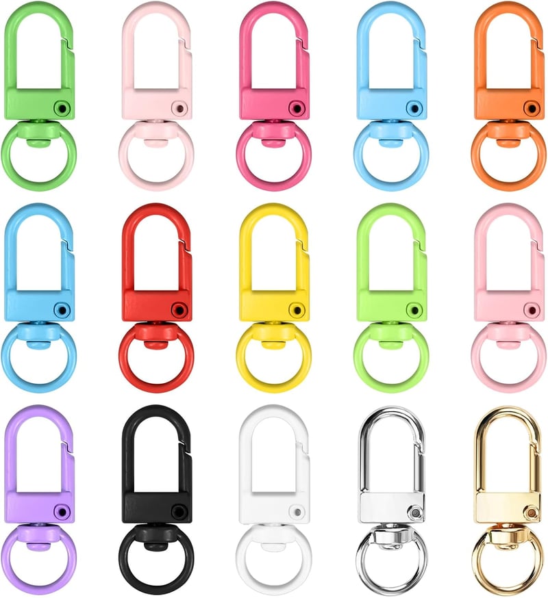 NISENTIA set 15 mini carabine rotative colorate, inele pentru chei, cârlige pentru brelocuri și accesorii artizanale