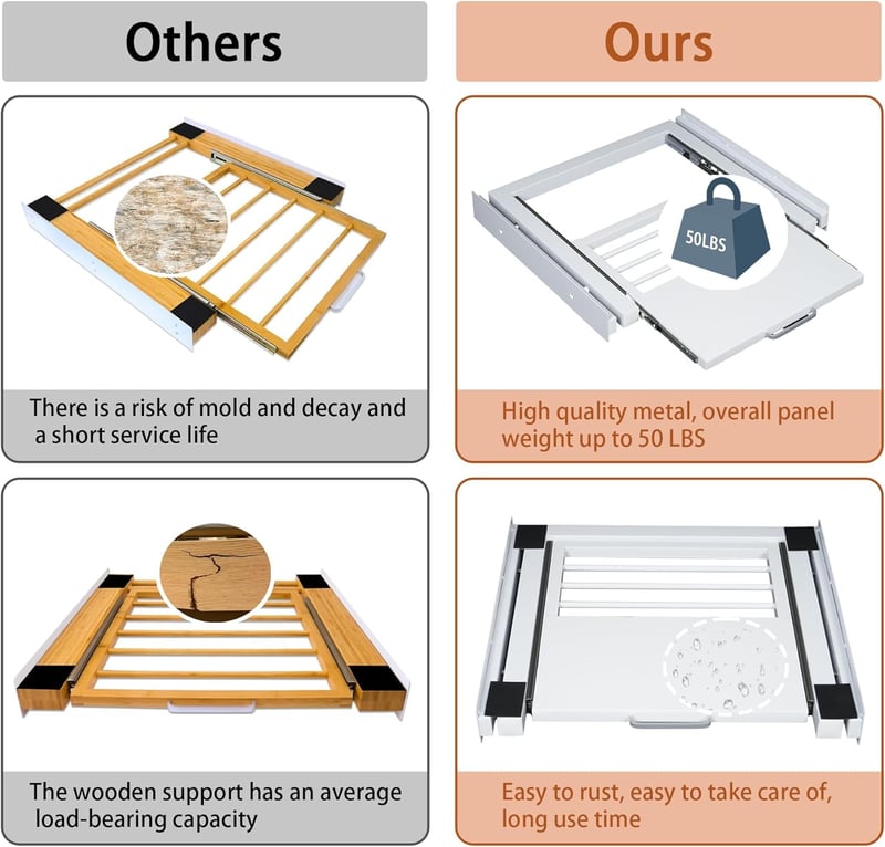 Nisorpa Univerzális Összekötő Keret Mosógép és Szárító Közé - 60x55 cm Kihúzható Acél Polccal, Ruhaszárítóval és Rögzítőpánttal, Fehér