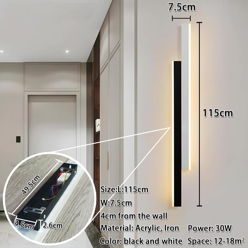 niuniaj 30W Beltéri Fali Lámpa - 115 cm Hosszú LED Világítás, Fekete-Fehér Dizájn, 4000K Természetes Fehér Fény, Nappali, Hálószoba, Lépcső