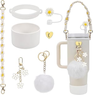 Set accesorii NIXRET pentru Stanley Cup, manșon din silicon și curea de prindere, 1,2 L și 850 ml - alb