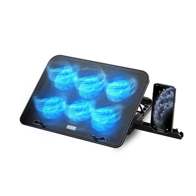 Chladiaca podložka pod notebook NK 12-17" – 6 tichých ventilátorov, 5 úrovní nastavenia výšky, 2 USB porty, modré LED podsvietenie, čierna, rýchle chladenie