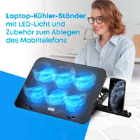 Chladiaca podložka pod notebook NK 12-17" – 6 tichých ventilátorov, 5 úrovní nastavenia výšky, 2 USB porty, modré LED podsvietenie, čierna, rýchle chladenie 2