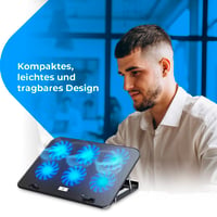 Chladiaca podložka pod notebook NK 12-17" – 6 tichých ventilátorov, 5 úrovní nastavenia výšky, 2 USB porty, modré LED podsvietenie, čierna, rýchle chladenie 5
