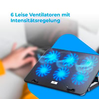 Chladiaca podložka pod notebook NK 12-17" – 6 tichých ventilátorov, 5 úrovní nastavenia výšky, 2 USB porty, modré LED podsvietenie, čierna, rýchle chladenie 4