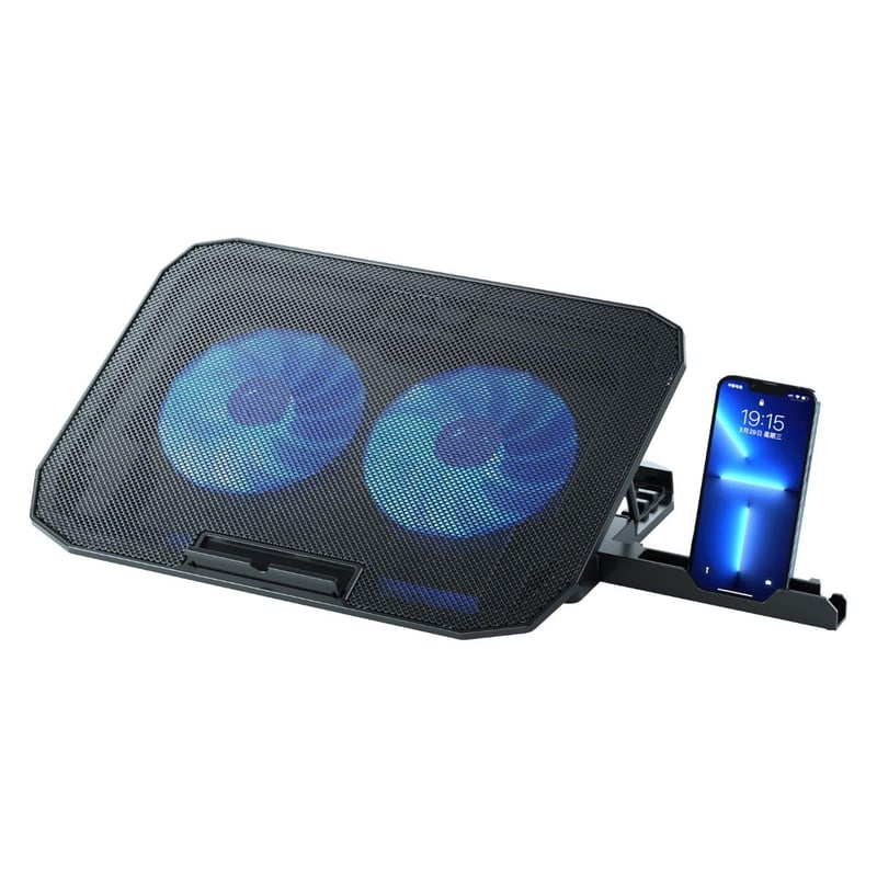 Chladiaca podložka pod notebook NK pre 12-17" notebooky – 2 tiché ventilátory, 5 nastaviteľných výšok, 2 USB porty, modré LED podsvietenie, čierna