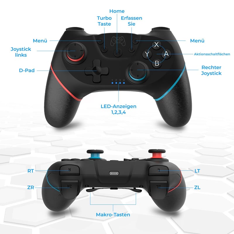 NK Wireless Switch Controller Fekete - OLED/Lite/Pro Kompatibilis, 6-Axis, Turbo, Dual Shock - Black + blue / red