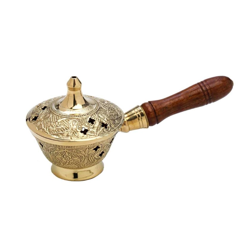 NKlaus Pálenica na kadidlo s drevenou rukoväťou - masívna mosadzná, ručne vyrobená dekorácia zlatej farby na kadidlo a zmesi vonných látok, 17x7x8 cm, ezoterika 7538