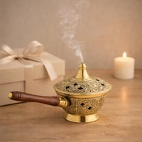 NKlaus Pálenica na kadidlo s drevenou rukoväťou - masívna mosadzná, ručne vyrobená dekorácia zlatej farby na kadidlo a zmesi vonných látok, 17x7x8 cm, ezoterika 7538 7