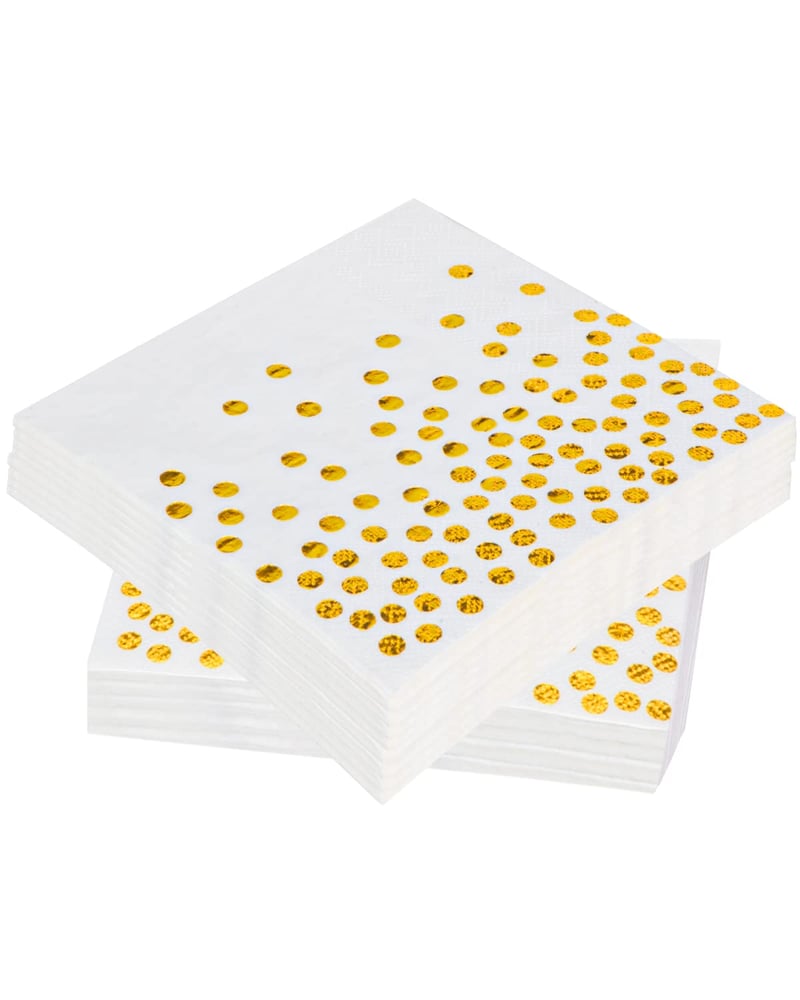 Noa Home Deco, 60 bucăți șervețele din hârtie cu buline aurii, 33x33 cm, șervețele albe în 3 straturi pentru zile de naștere, nunți și sărbători