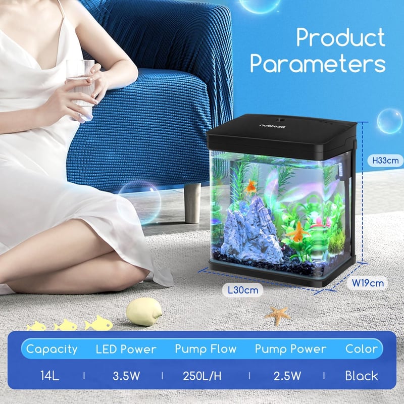 Nobleza Nano Akvarium 14L LED Világítással és Szűrőrendszerrel