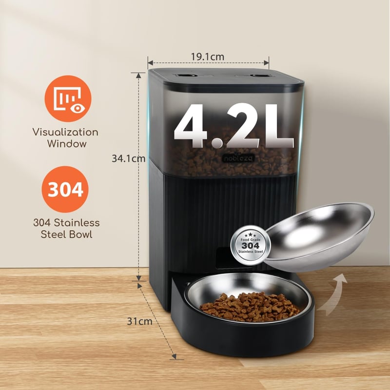 Nobleza WiFi Automata Kisállat Etető 4,2L - Kutyáknak és Macskáknak, Időzítővel, Hangrögzítéssel, 1-10 Adagolás, Rozsdamentes Tál, Fekete