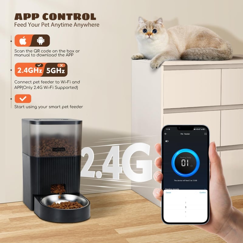 Nobleza WiFi Automata Kisállat Etető 4,2L - Kutyáknak és Macskáknak, Időzítővel, Hangrögzítéssel, 1-10 Adagolás, Rozsdamentes Tál, Fekete