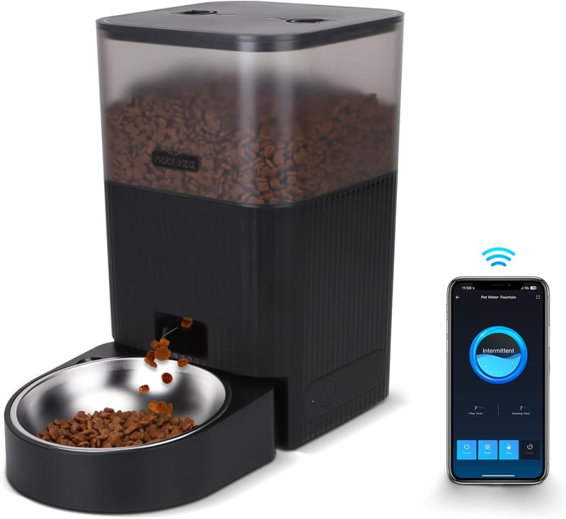 Nobleza WiFi Automata Kisállat Etető 4,2L - Kutyáknak és Macskáknak, Időzítővel, Hangrögzítéssel, 1-10 Adagolás, Rozsdamentes Tál, Fekete