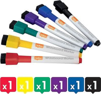Sada mini popisovačov na bielu tabuľu Nobo 1903792 – 6 ks rôznych farieb, 2 mm tenký hrot, magnetický uzáver s gumou, zmývateľné 2