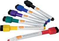 Sada mini popisovačov na bielu tabuľu Nobo 1903792 – 6 ks rôznych farieb, 2 mm tenký hrot, magnetický uzáver s gumou, zmývateľné 1