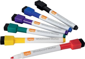 Nobo 1903792 Set mini markera za bijelu ploču – 6 komada u raznim bojama, fini vrh od 2 mm, magnetski čep s gumicom, nepermanentni