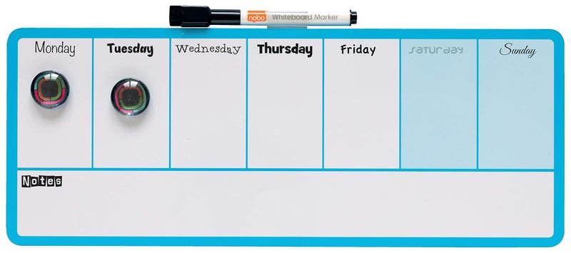 Mini tablă magnetică săptămânală Nobo, 360x140 mm, albastră, pentru scriere cu marker șters uscat, montabilă pe perete, cu suport de pix integrat, marker și magneți, 1904047