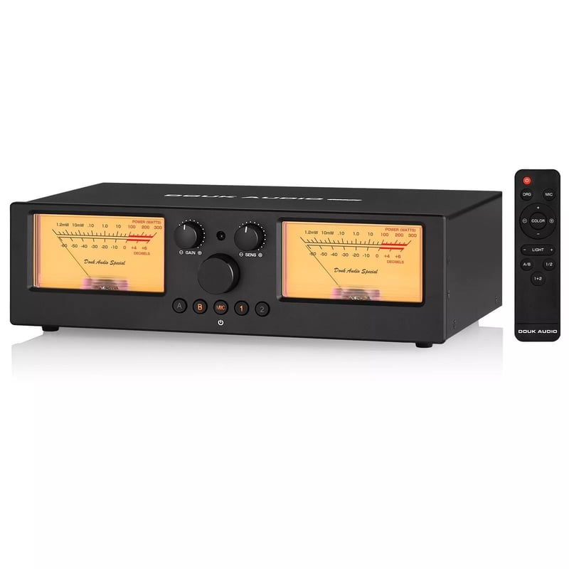 Comutator de amplificator și selector de boxe Nobsound VU3PRO Dual Analog VU Meter 2-în-1, 2-IN-2-OUT, cu microfon și panou de afișare DB