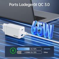 NOHON 65W GaN 3 portos USB-C gyorstöltő PD 3.0 + 1,2 m kábel - fehér 2