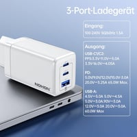 NOHON 65W GaN 3 portos USB-C gyorstöltő PD 3.0 + 1,2 m kábel - fehér 4