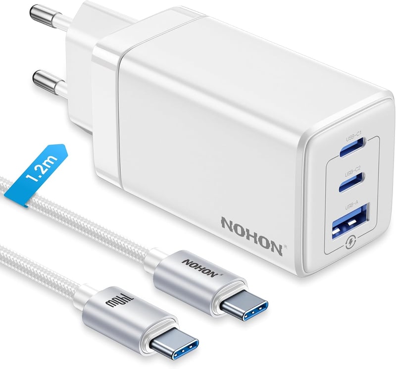 NOHON 65W GaN 3 portos USB-C gyorstöltő PD 3.0 + 1,2 m kábel - fehér