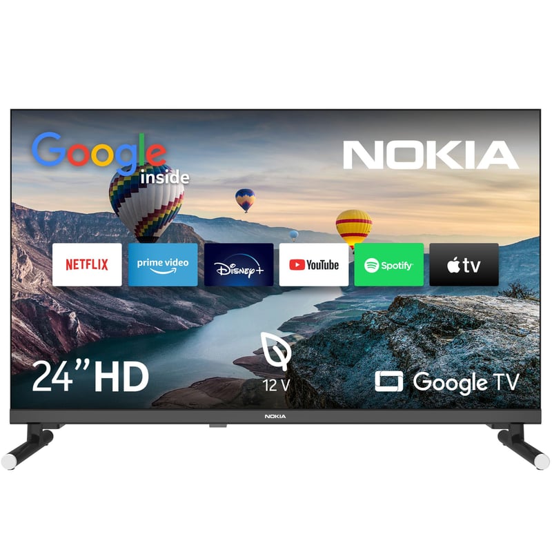Nokia 24 Inch HD Google TV - 12V Pentru Camping - Telecomandă Iluminată - Chromecast - Triple Tuner DVB-C/S2/T2 - WiFi - 2023