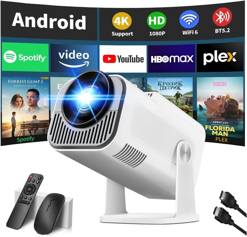 Nonete 1080P FHD Mini Projektor WiFi 6 Bluetooth 5.2 Android TV HDMI USB