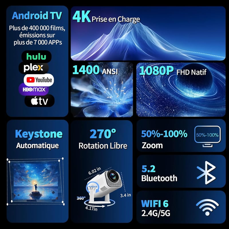Nonete 1080P FHD Mini Projektor WiFi 6 Bluetooth 5.2 Android TV HDMI USB