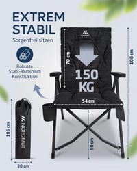 NORDMUT Prémiové skladacie kempingové kreslo s vysokým operadlom, polohovateľné do 4 pozícií, nosnosť 140 kg — bez prenosnej tašky (stav: pozri 2. obrázok) 4