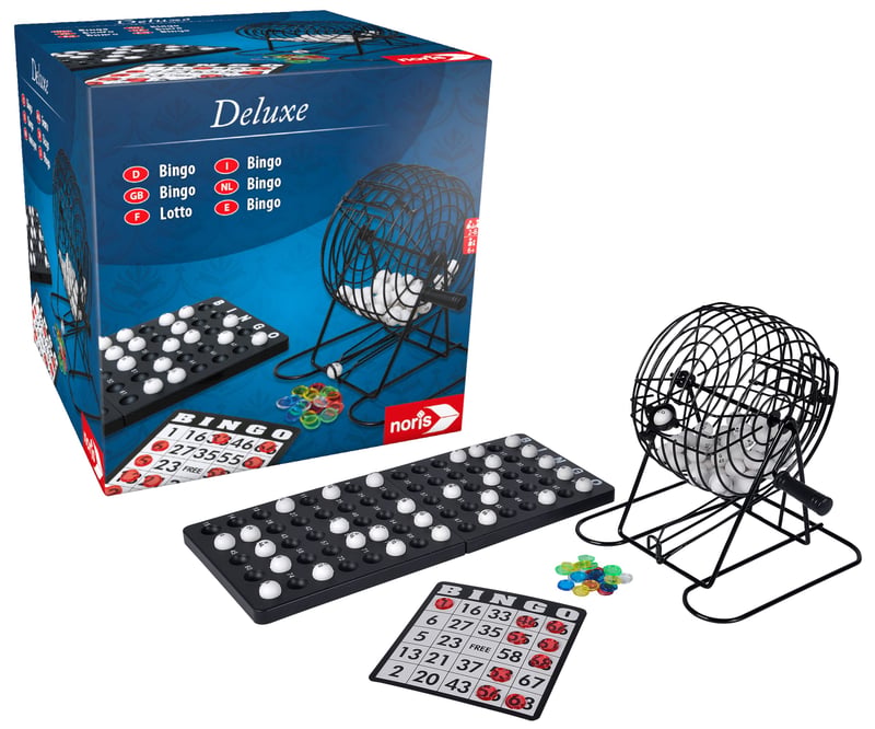 Spoločenská hra Noris Deluxe Bingo – Klasické bingo s guľôčkovým podávačom, 90 guľôčkami, otočným osudím a kartičkami na bingo, pre dospelých a deti