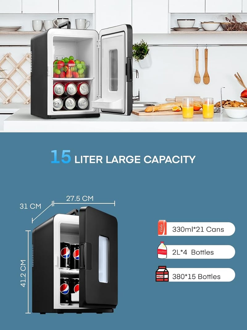 NORTHCLAN 15L Mini Hűtőszekrény - Otthoni és Autós Használatra (220V/12V), Hűtő-Fűtő Funkció, Max és Eco Üzemmód, Fekete