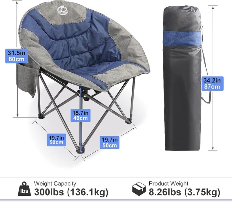 Northroad Kerek Összecsukható Kempingszék - Kék Párnázott Hold Fotel Pohártartóval és Hűtőtáskával, 136kg Teherbírás, Strand, Túra, Horgásza