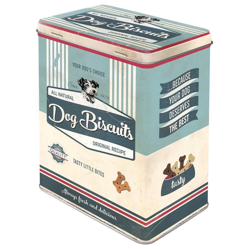Cutie metalică retro Nostalgic-Art, mărimea L, 3 l – Cutie de depozitare cu model „Paws Dog Biscuits” pentru stăpânii de câini, design vintage, 10x14x20 cm