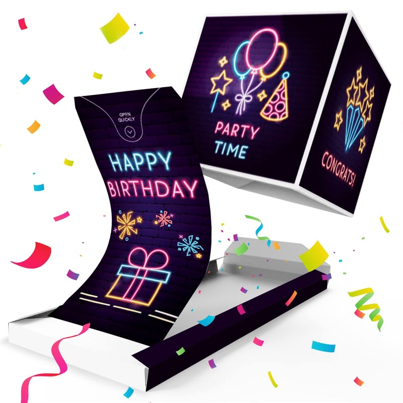 Notta&Belle FEEL LOVE EVERY MINUTE BOOM! Felicitare aniversară explozivă cu confetti neon - Cutie surpriză cu explozie - Cadou de zi de naștere