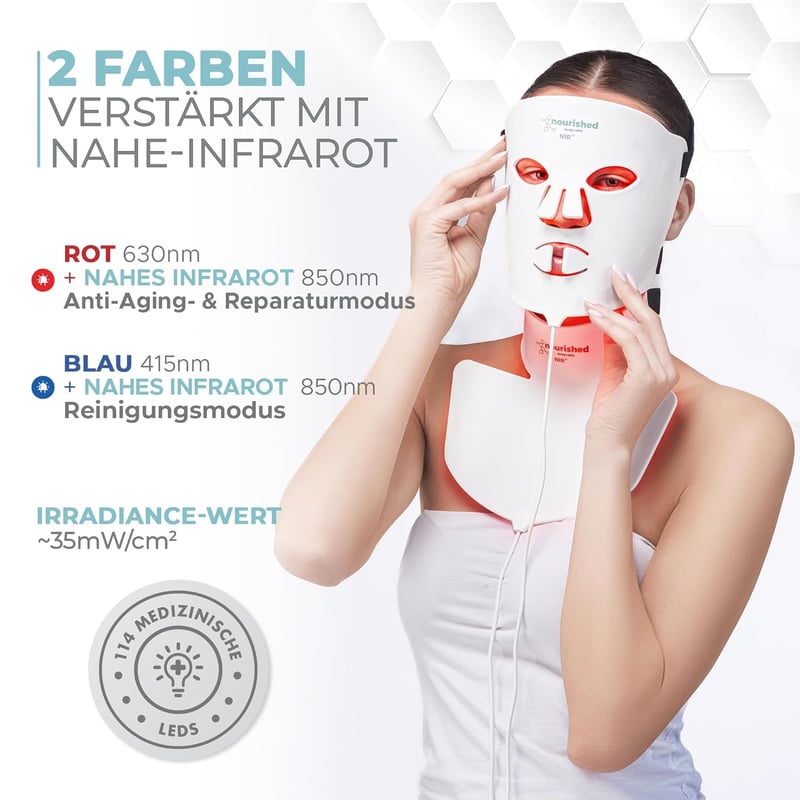 Nourished Bodynskin LED Arcmaszk Nyak Kezeléshez - 228 LED Vörös Kék Fény Ránctalanító Bőrápolás