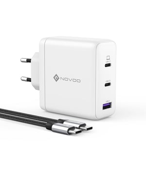 NOVOO 120W GaN III USB-C brzi punjač, kompaktni punjač s 3 porta i PPS tehnologijom, uključuje 1x PD 100W Type-C kabel, kompatibilan s MacBook Pro, Dell XPS, iPad, iPhone 15, Galaxy S23, bijeli