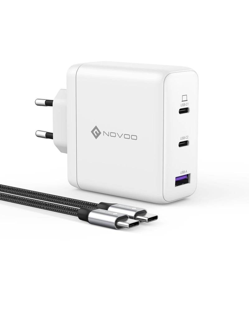 NOVOO 120W GaN III USB-C rýchlonabíjačka, 3-portová kompaktná nabíjačka s technológiou PPS, vrátane 1x PD 100W kábla typu C, kompatibilná s MacBook Pro, Dell XPS, iPad, iPhone 15, Galaxy S23, biela