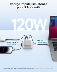 NOVOO 120W GaN III USB-C rýchlonabíjačka, 3-portová kompaktná nabíjačka s technológiou PPS, vrátane 1x PD 100W kábla typu C, kompatibilná s MacBook Pro, Dell XPS, iPad, iPhone 15, Galaxy S23, biela 2