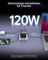 NOVOO 120W GaN III USB-C töltő 3 porttal MacBook Pro, iPad Pro, iPhone 15 gyorstöltéshez 2