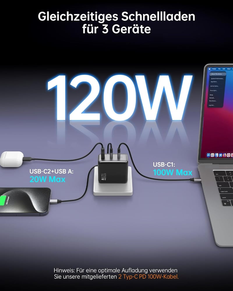 NOVOO 120W GaN III USB-C töltő 3 porttal MacBook Pro, iPad Pro, iPhone 15 gyorstöltéshez