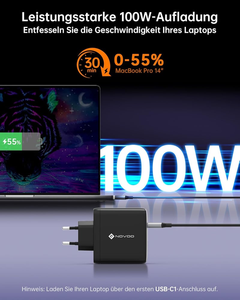 NOVOO 120W GaN III USB-C töltő 3 porttal MacBook Pro, iPad Pro, iPhone 15 gyorstöltéshez