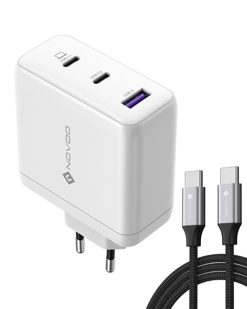 NOVOO 120W USB-C GaN III punjač s 3 priključka i 1m PD 100W Type-C kabelom, kompatibilan s MacBook Pro, Dell XPS 13, iPad, iPhone 16, Galaxy S23 uređajima