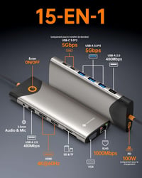 NOVOO 15 az 1-ben USB-C dokkoló állomás, 2x HDMI 4K, VGA, Gigabit Ethernet, 100W - TM15 2