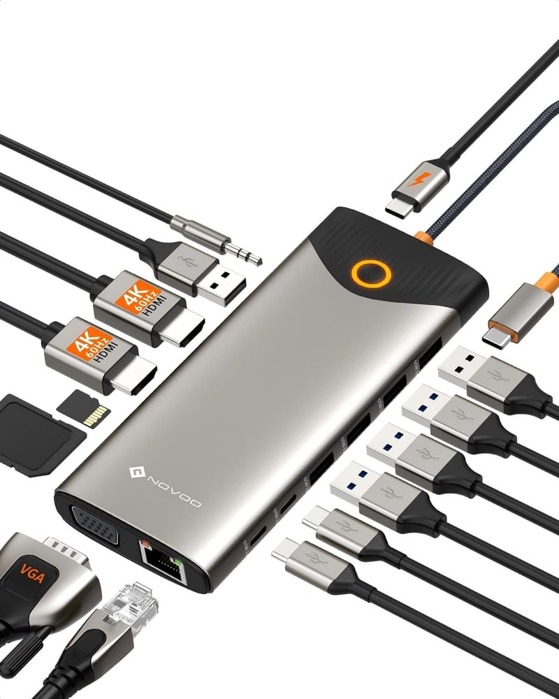 NOVOO 15 az 1-ben USB-C dokkoló állomás, 2x HDMI 4K, VGA, Gigabit Ethernet, 100W - TM15