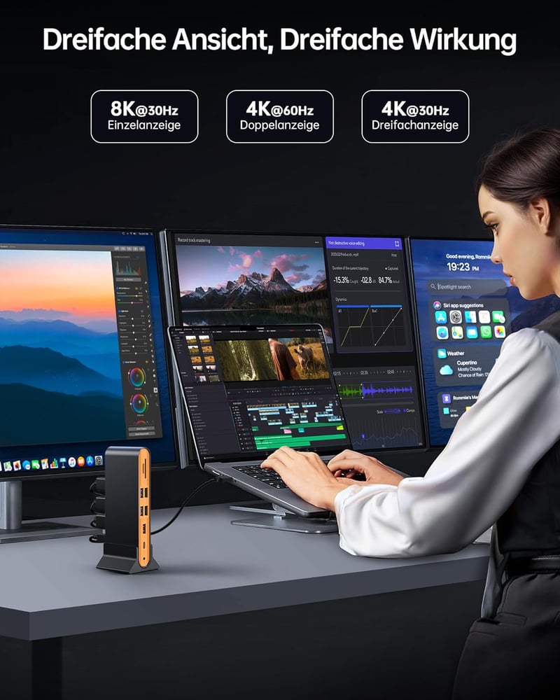 NOVOO 15 az 1-ben USB-C dokkoló állomás 3 monitor támogatással 8K DP és 4K HDMI
