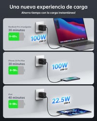 NOVOO RG100W 100W GaN III USB-C punjač s 3 priključka i USB-C PD kabelom - MacBook Pro, Dell XPS 13, iPad Pro, iPhone 17/16/15/14/13, Galaxy S24 3