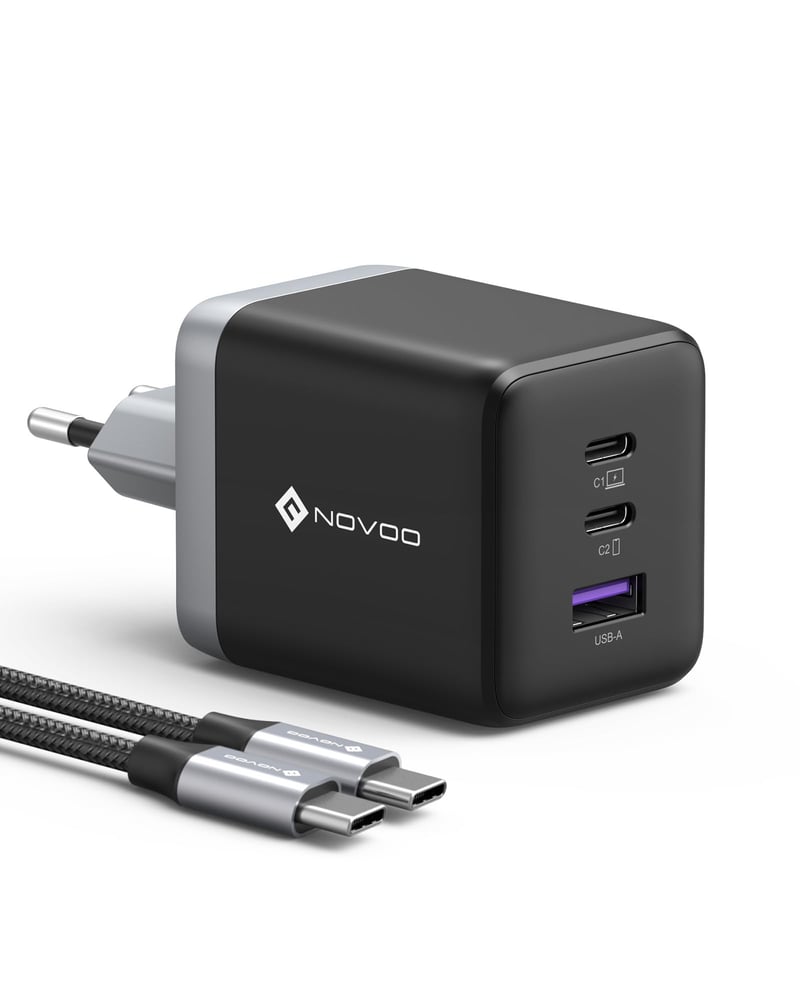 NOVOO RG100W 100W GaN III USB-C punjač s 3 priključka i USB-C PD kabelom - MacBook Pro, Dell XPS 13, iPad Pro, iPhone 17/16/15/14/13, Galaxy S24