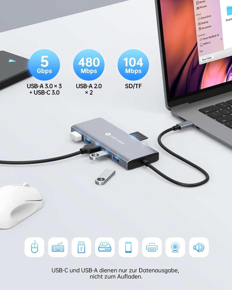 NOVOO USB-C dokkoló 13 az 1-ben, 4K HDMI, 100W töltés, 5 USB port, MacBook Dell HP kompatibilis