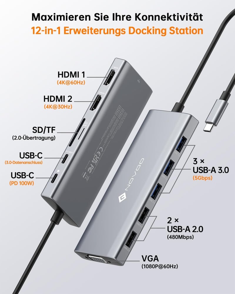 NOVOO USB-C dokkoló 13 az 1-ben, 4K HDMI, 100W töltés, 5 USB port, MacBook Dell HP kompatibilis