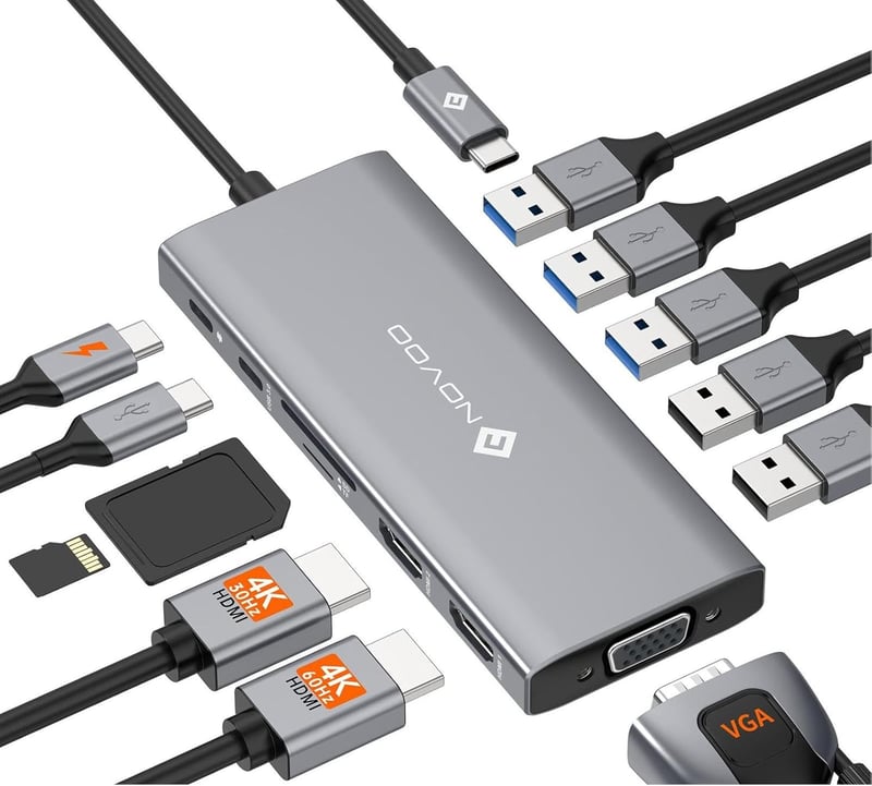 NOVOO USB-C dokkoló 13 az 1-ben, 4K HDMI, 100W töltés, 5 USB port, MacBook Dell HP kompatibilis